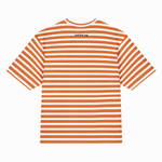 A short-sleeve crewneck t-shirt with horizontal orange and white stripes, featuring a small black 'theletterco' logo printed on the upper back, shown against a plain white background.