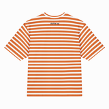 A short-sleeve crewneck t-shirt with horizontal orange and white stripes, featuring a small black 'theletterco' logo printed on the upper back, shown against a plain white background.