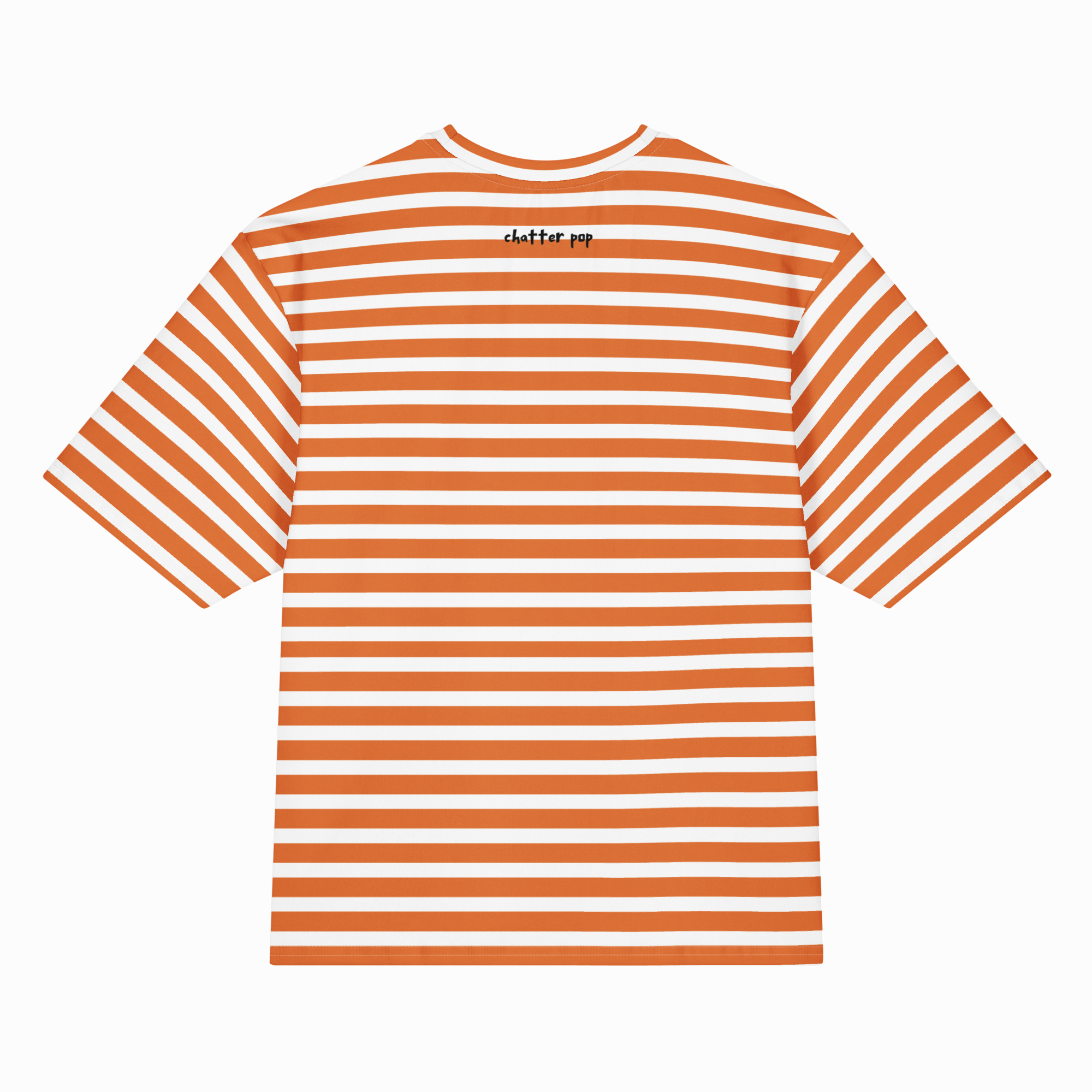 A short-sleeve crewneck t-shirt with horizontal orange and white stripes, featuring a small black 'theletterco' logo printed on the upper back, shown against a plain white background.