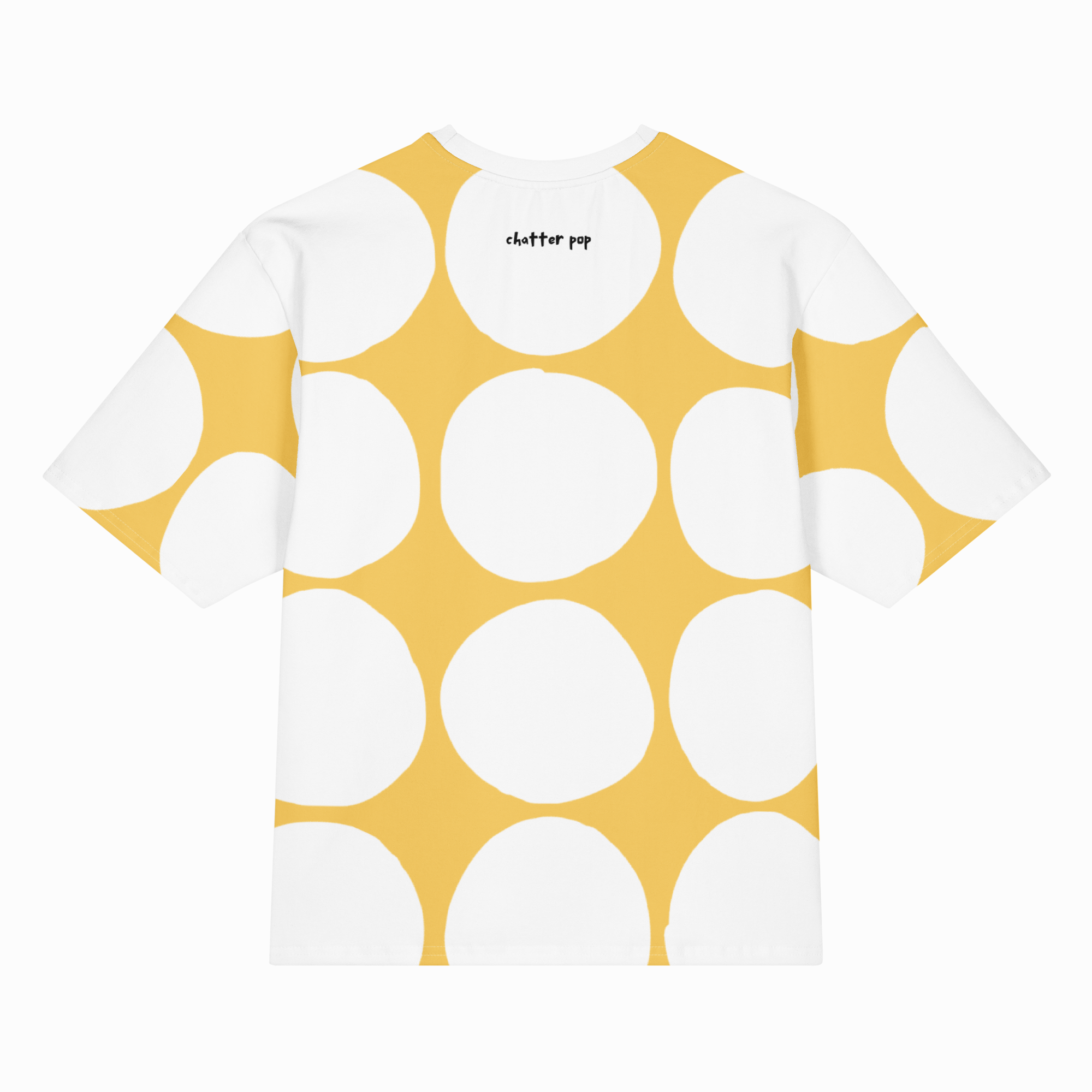 A white short-sleeve t-shirt with a bold yellow abstract polka dot pattern, featuring the 'clutter pop' brand name printed in black near the inner collar.