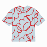 A light blue short-sleeve t-shirt with an all-over red abstract line pattern, shown flat against a white background. The brand name 'charter or pop' is printed in black near the inner collar.