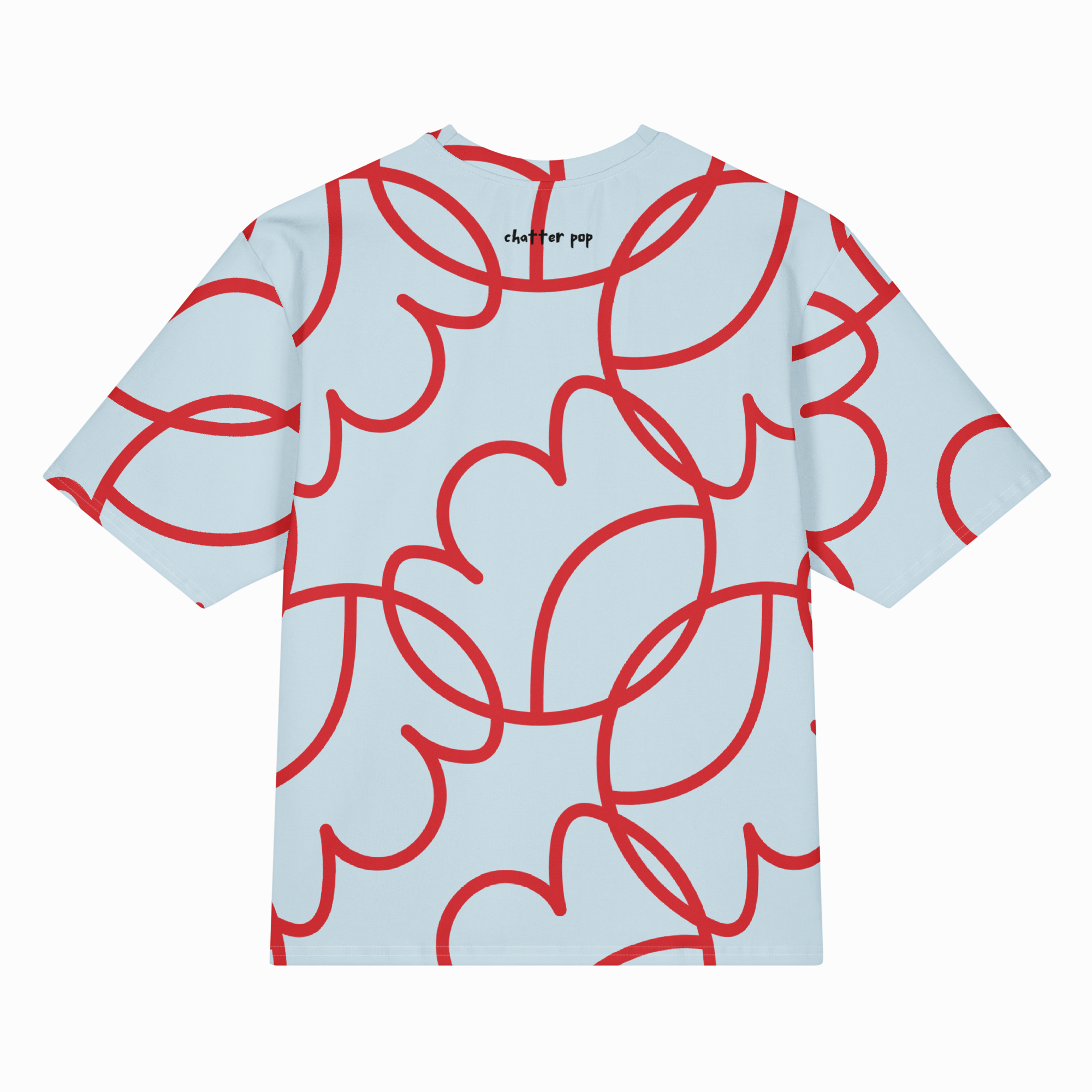 A light blue short-sleeve t-shirt with an all-over red abstract line pattern, shown flat against a white background. The brand name 'charter or pop' is printed in black near the inner collar.
