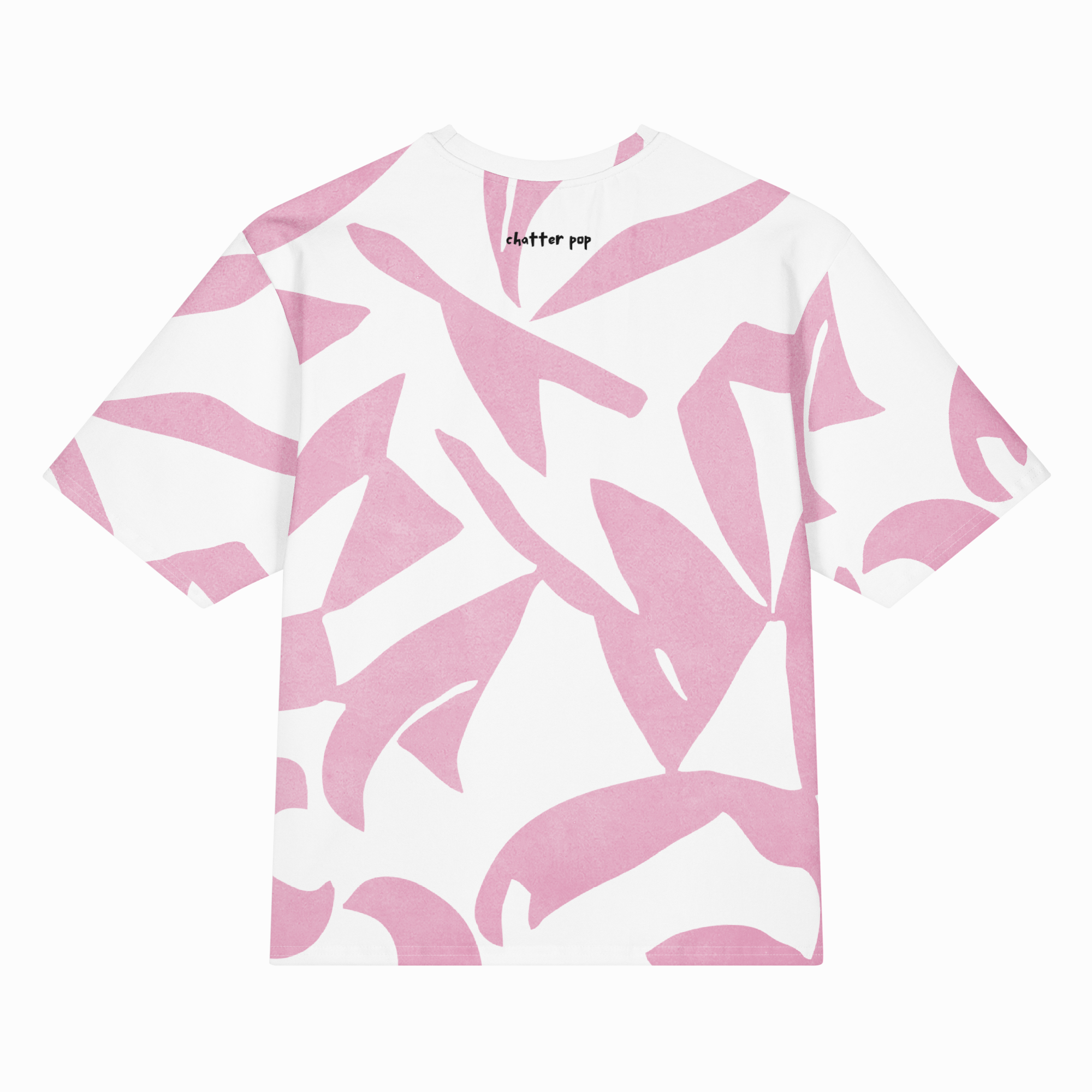 A white short-sleeve t-shirt with an abstract pink brushstroke pattern, featuring the brand name 'clutter pop' printed in black near the inner collar.