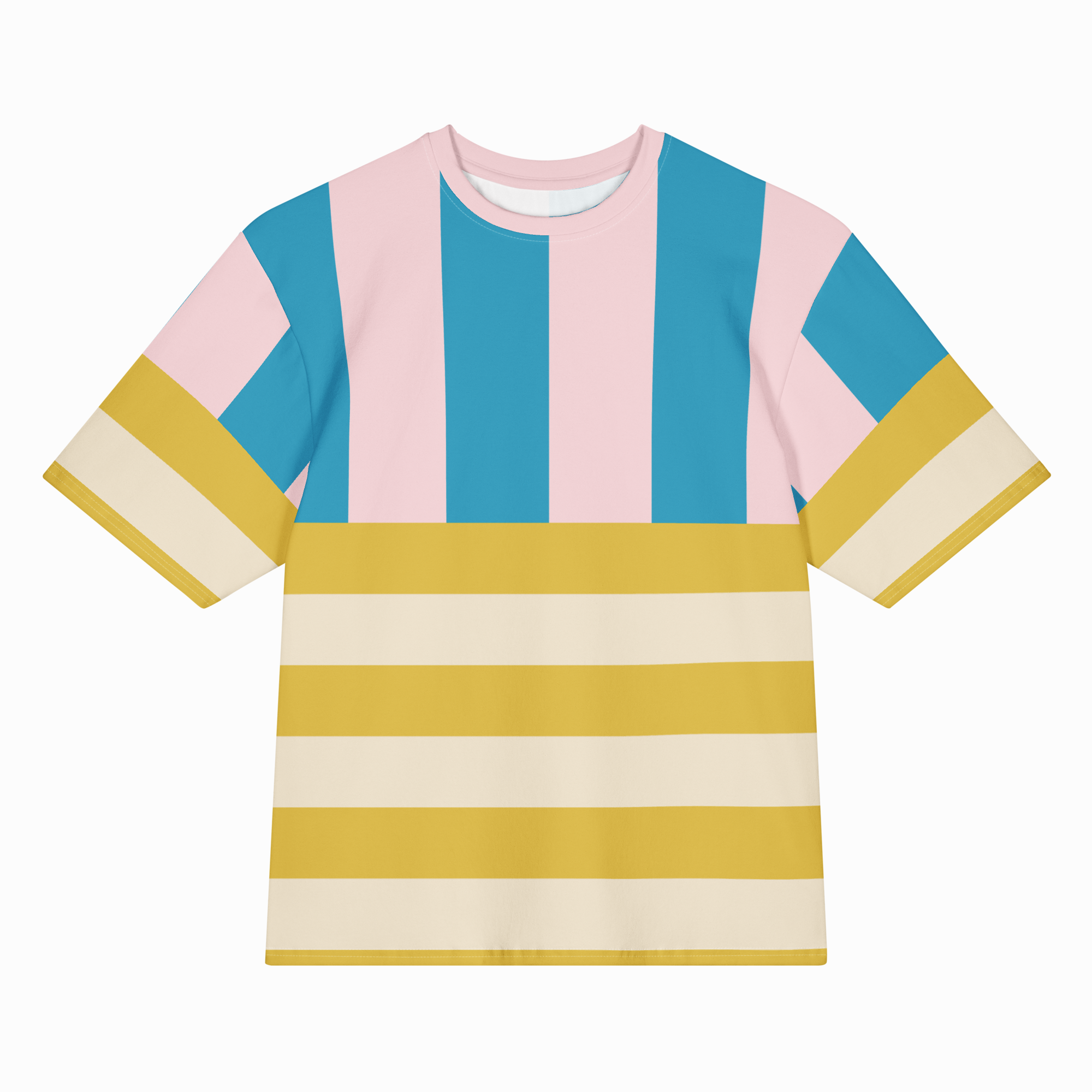 Colorful striped t-shirt with pink, blue, yellow, and beige stripes on a white background