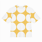 White t-shirt with yellow circle pattern on a white background