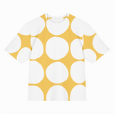 White t-shirt with yellow circle pattern on a white background