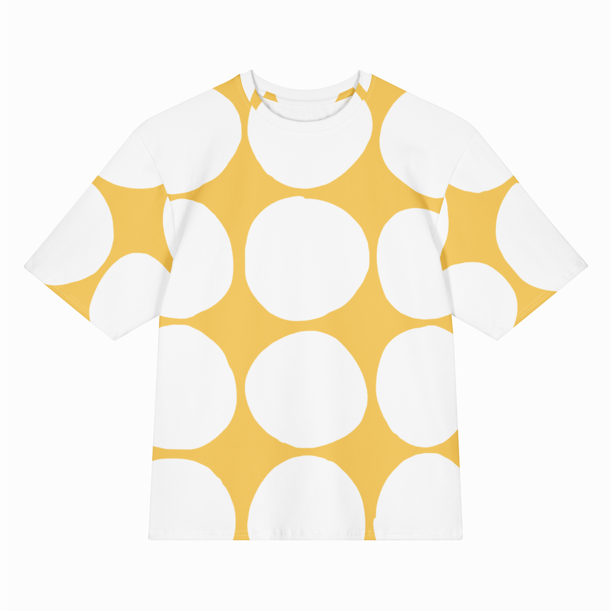 White t-shirt with yellow circle pattern on a white background