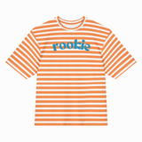 Orange and white striped t-shirt with 'rookie' text on a white background
