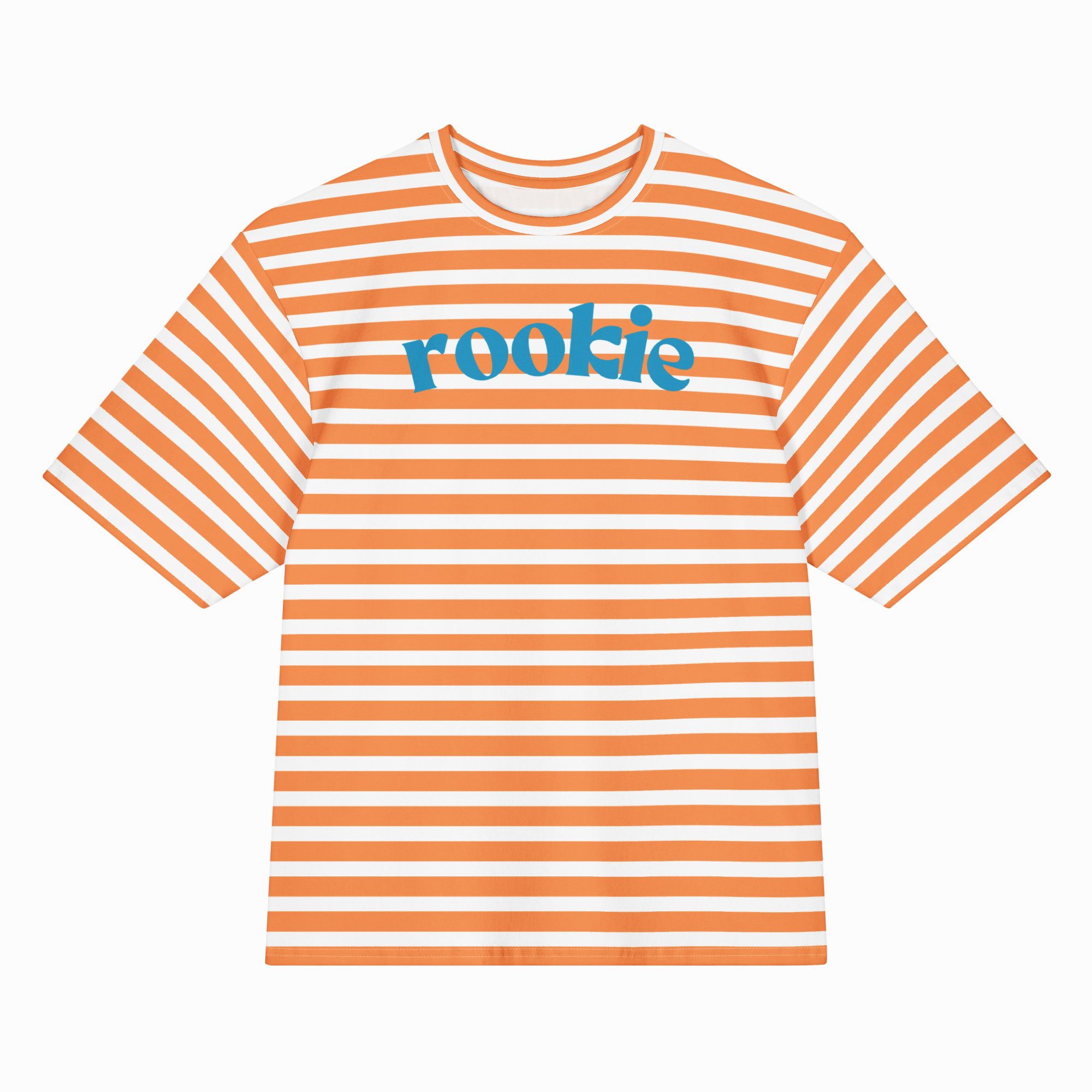 Orange and white striped t-shirt with 'rookie' text on a white background