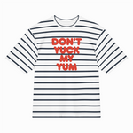 Striped t-shirt with red text on a white background