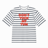 Striped t-shirt with red text on a white background