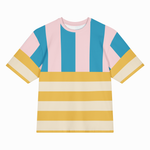 Colorful striped t-shirt with pink, blue, yellow, and beige stripes on a white background