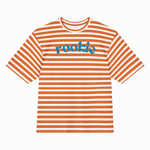 A short-sleeve crewneck t-shirt with horizontal orange and white stripes, featuring the word 'rookie' printed in blue across the chest, displayed on a clean white background.