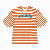 A short-sleeve crewneck t-shirt with horizontal orange and white stripes, featuring the word 'rookie' printed in blue across the chest, displayed on a clean white background.
