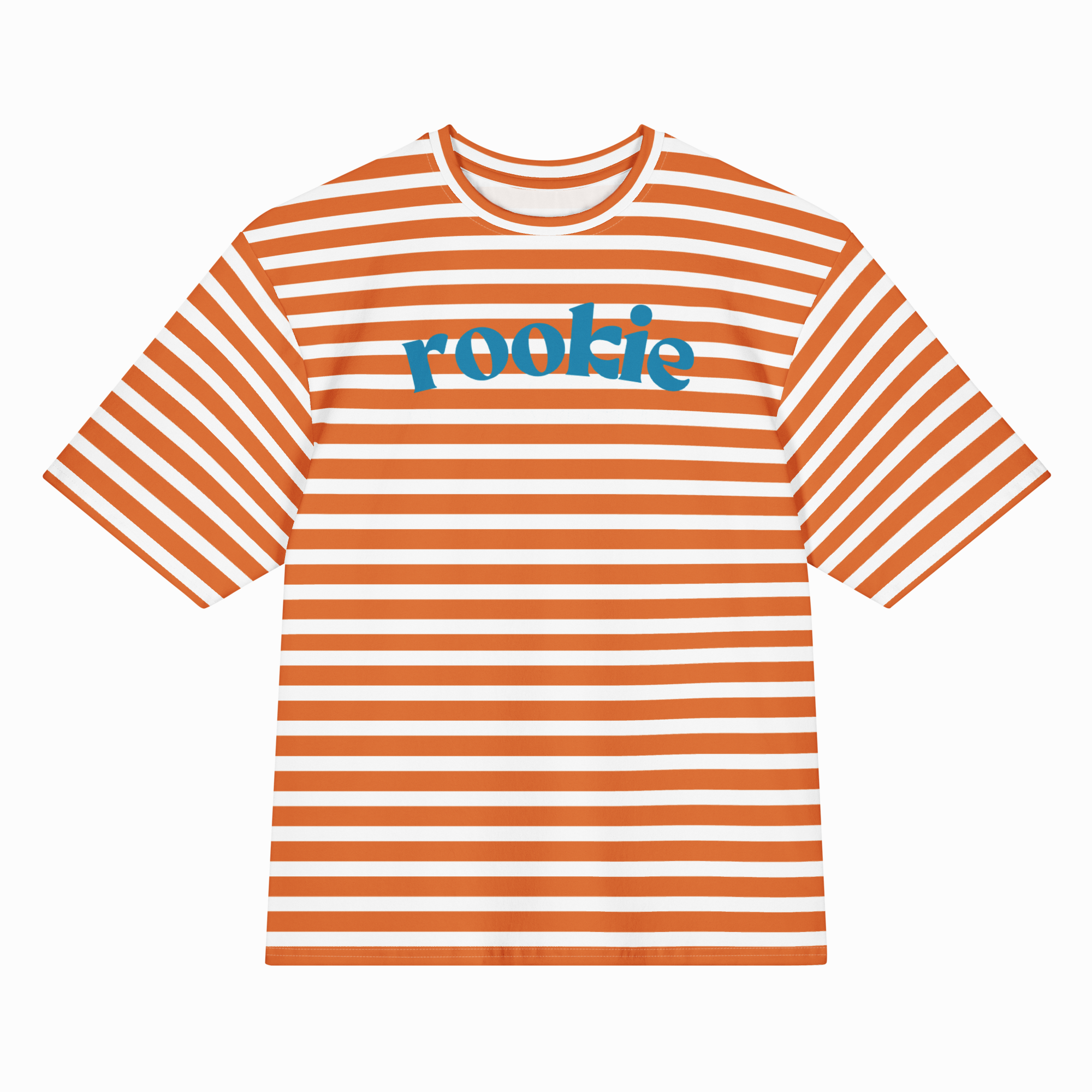 A short-sleeve crewneck t-shirt with horizontal orange and white stripes, featuring the word 'rookie' printed in blue across the chest, displayed on a clean white background.