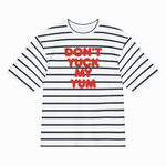 A white short-sleeve crewneck t-shirt with thin navy blue horizontal stripes and bold red text reading 'DON'T YUCK MY YUM' across the chest, shown on a plain white background.