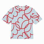 A short-sleeve crewneck t-shirt featuring an all-over abstract red line pattern on a light blue background, displayed flat against a white backdrop.