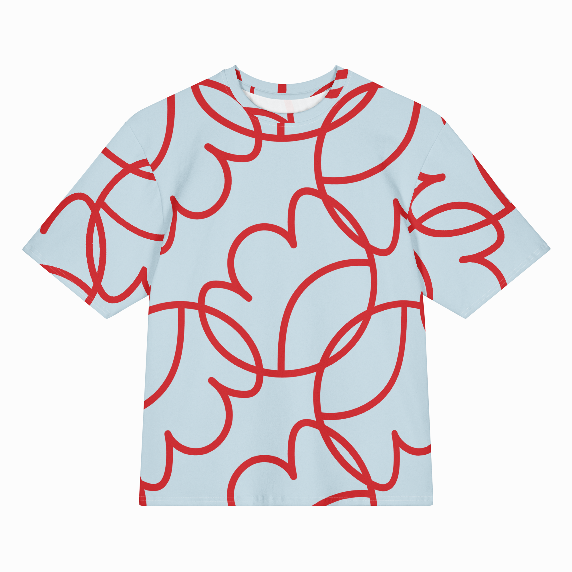 A short-sleeve crewneck t-shirt featuring an all-over abstract red line pattern on a light blue background, displayed flat against a white backdrop.