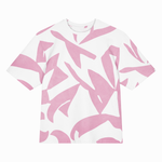 A white short-sleeve crewneck t-shirt featuring an abstract, organic pink pattern across the entire garment, presented on a clean white background.
