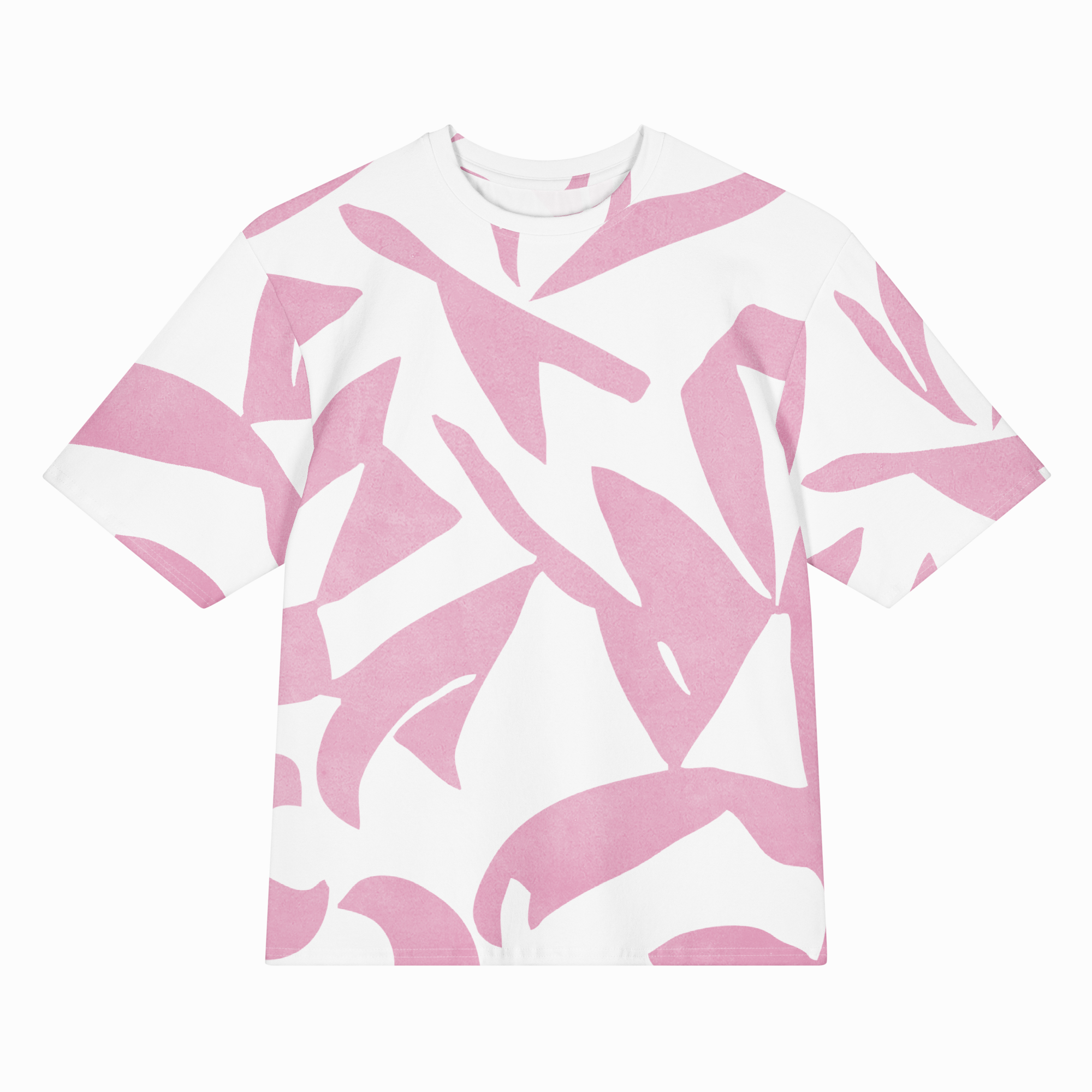 A white short-sleeve crewneck t-shirt featuring an abstract, organic pink pattern across the entire garment, presented on a clean white background.