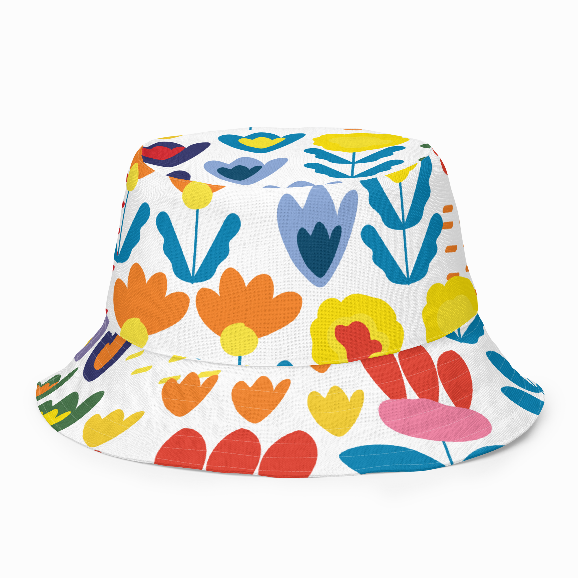 Colorful floral-patterned bucket hat on a white background