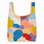 Colorful reusable bag with abstract pattern on a white background
