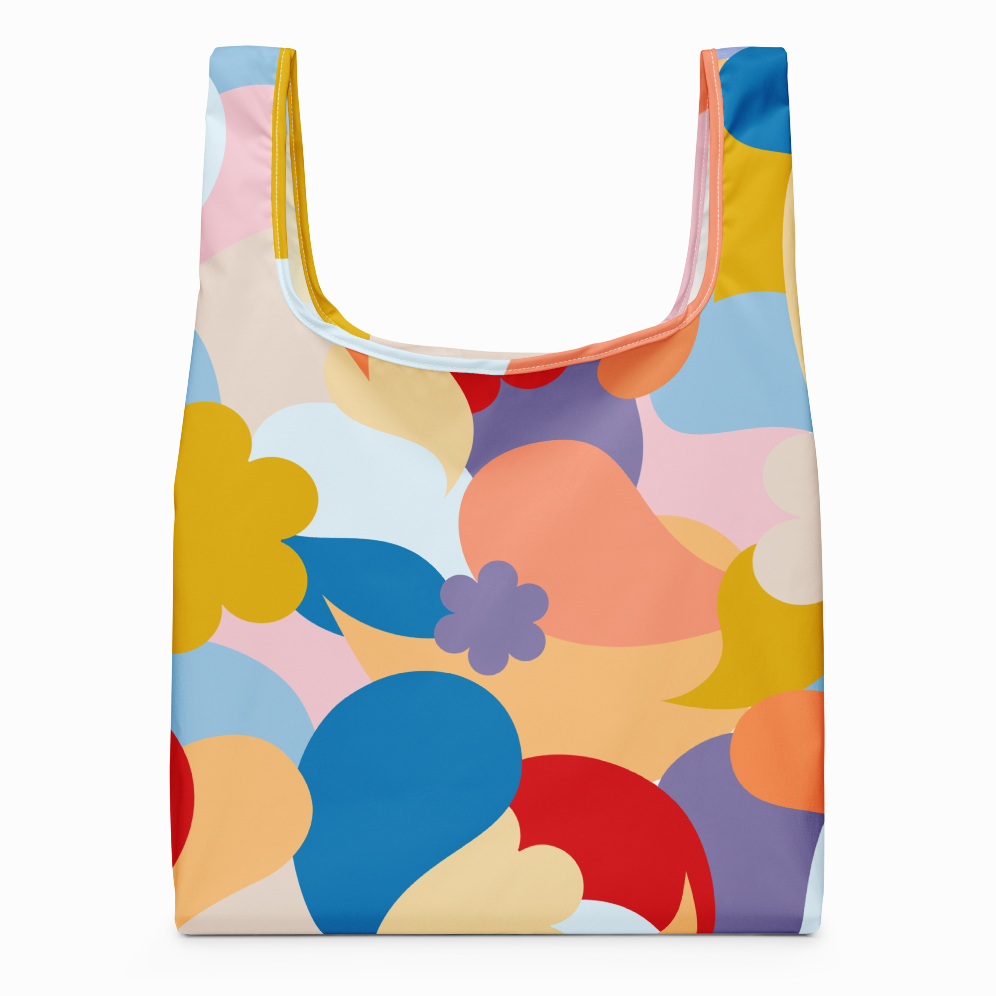 Colorful reusable bag with abstract pattern on a white background