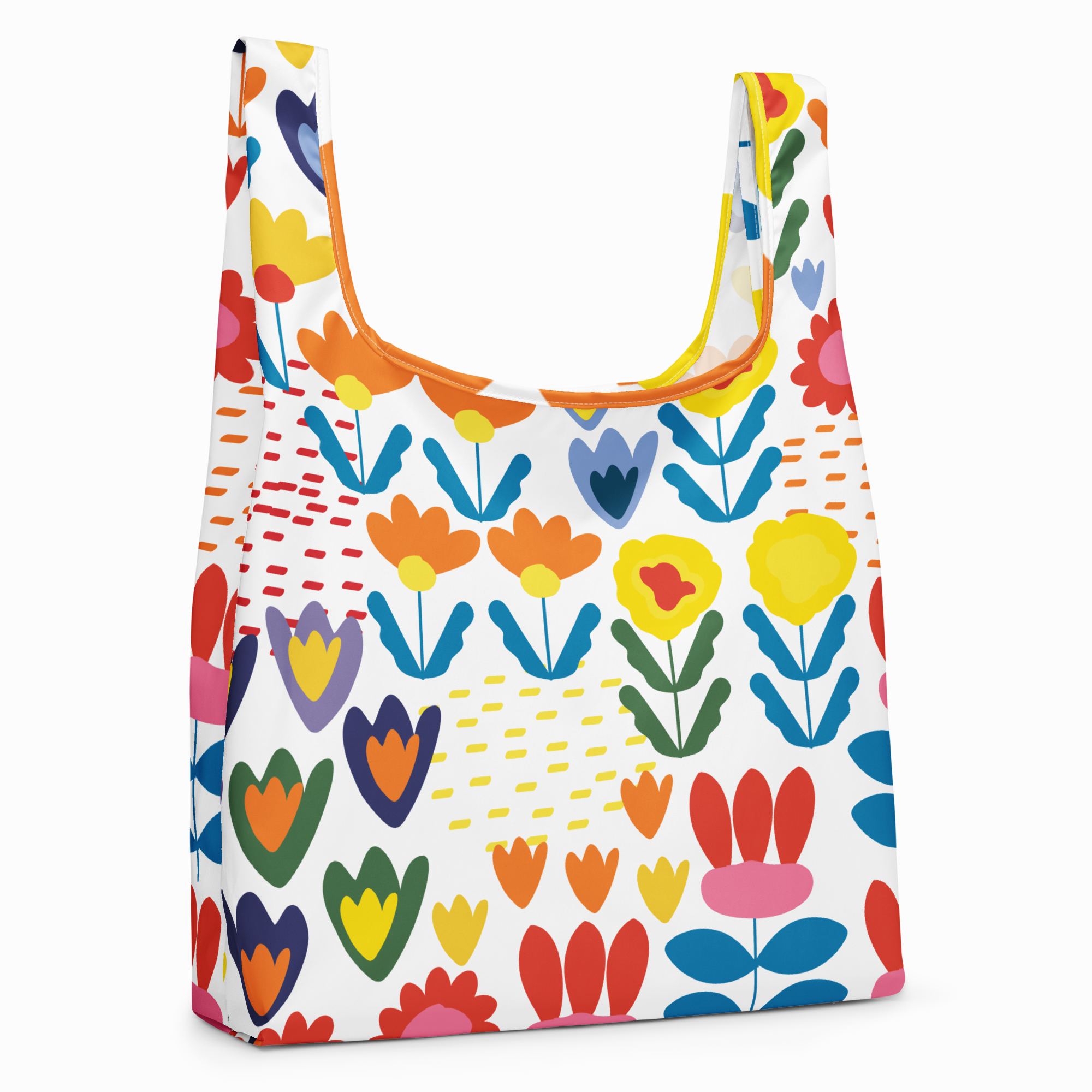 Reusable shopping bag with colorful floral pattern on a white background