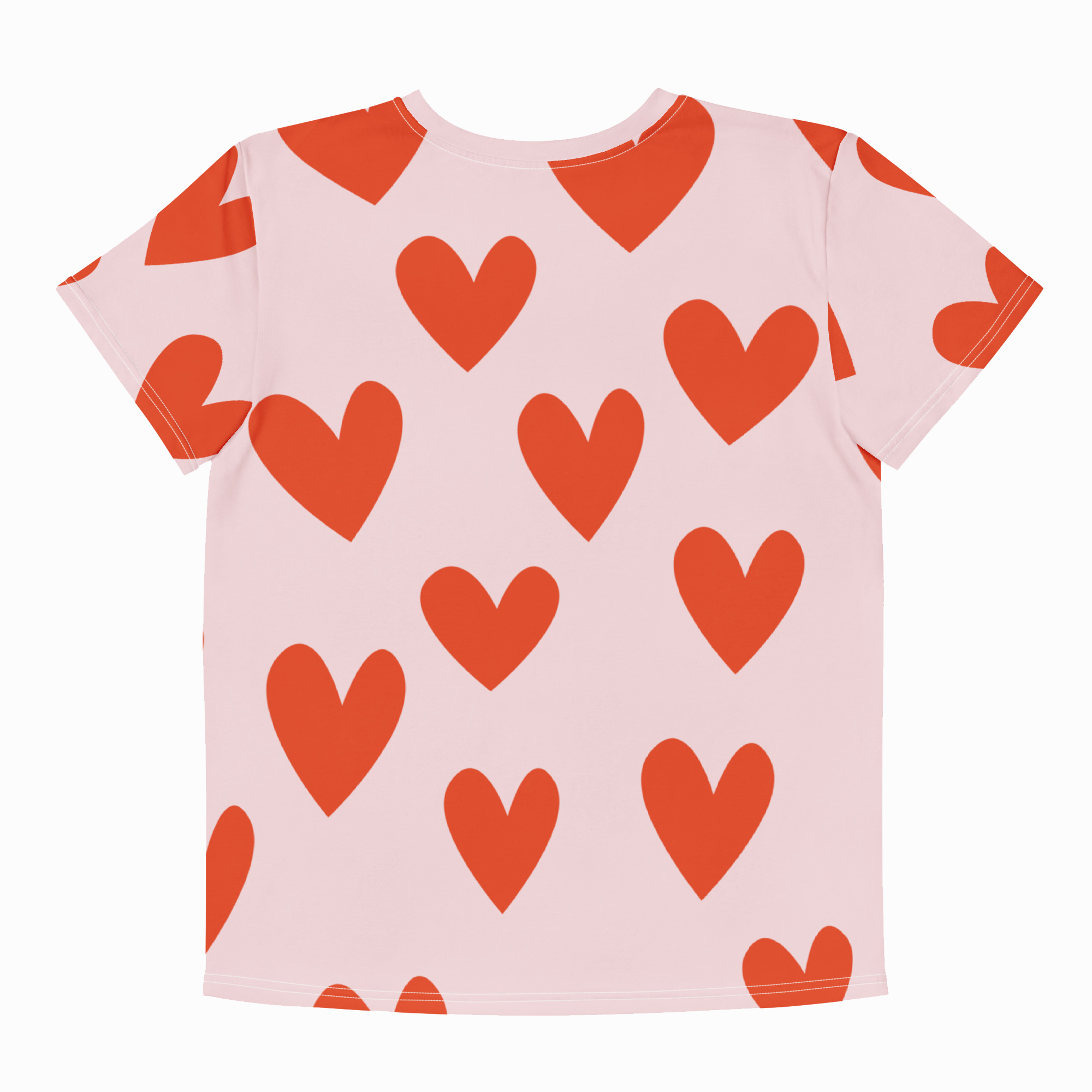 Pink t-shirt with red heart patterns on a white background