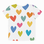 White t-shirt with colorful heart pattern on a white background