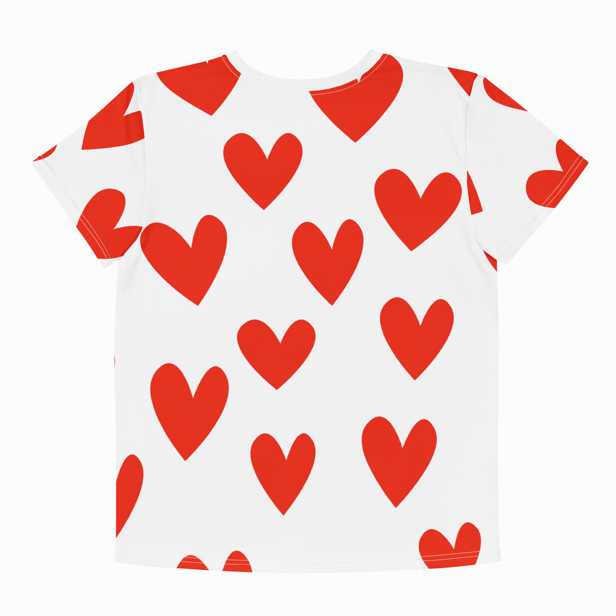 White t-shirt with red heart pattern on a white background