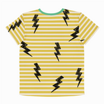 Yellow and white striped t-shirt with black lightning bolt patterns on a white background