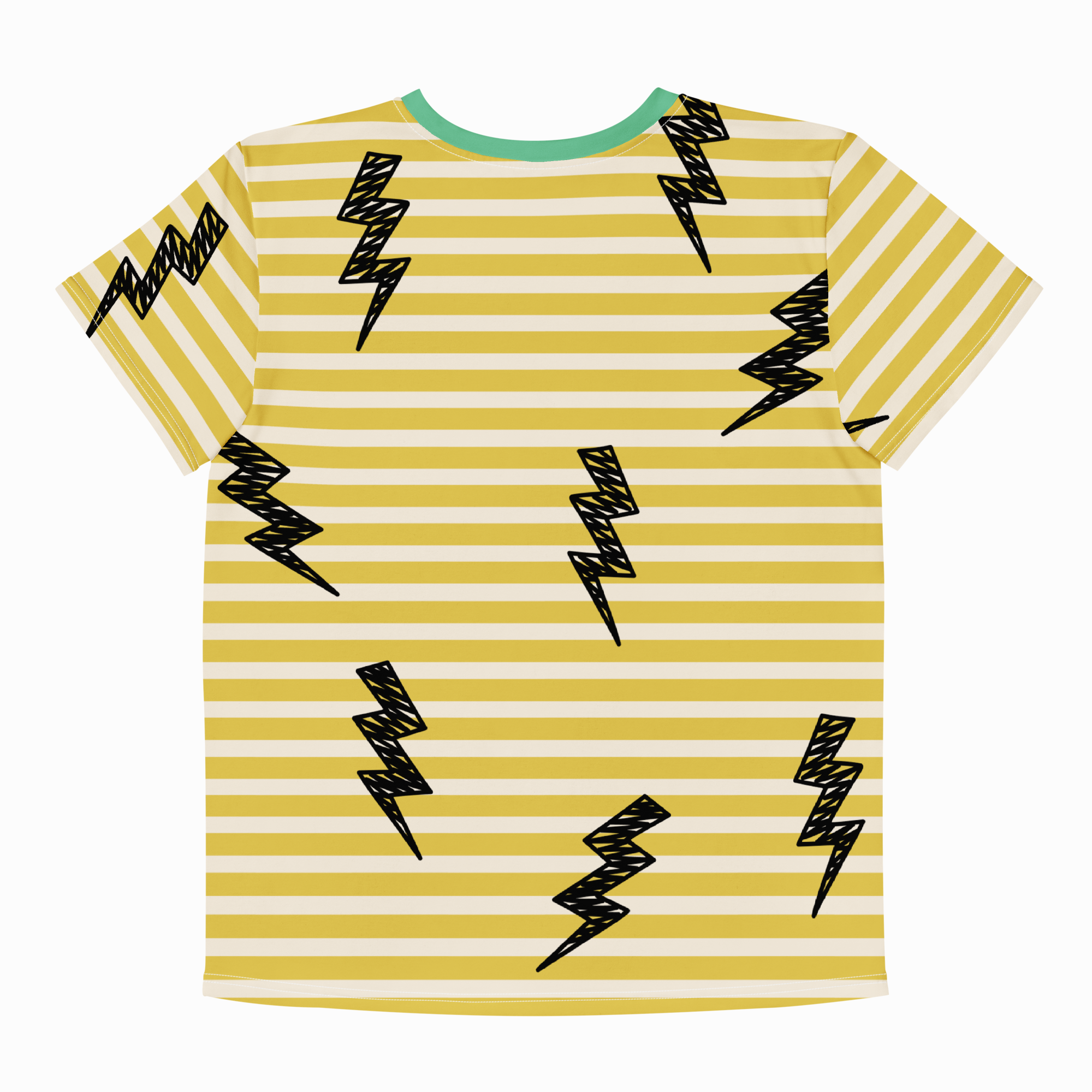 Yellow and white striped t-shirt with black lightning bolt patterns on a white background
