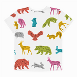 White t-shirt with colorful animal patterns on a white background