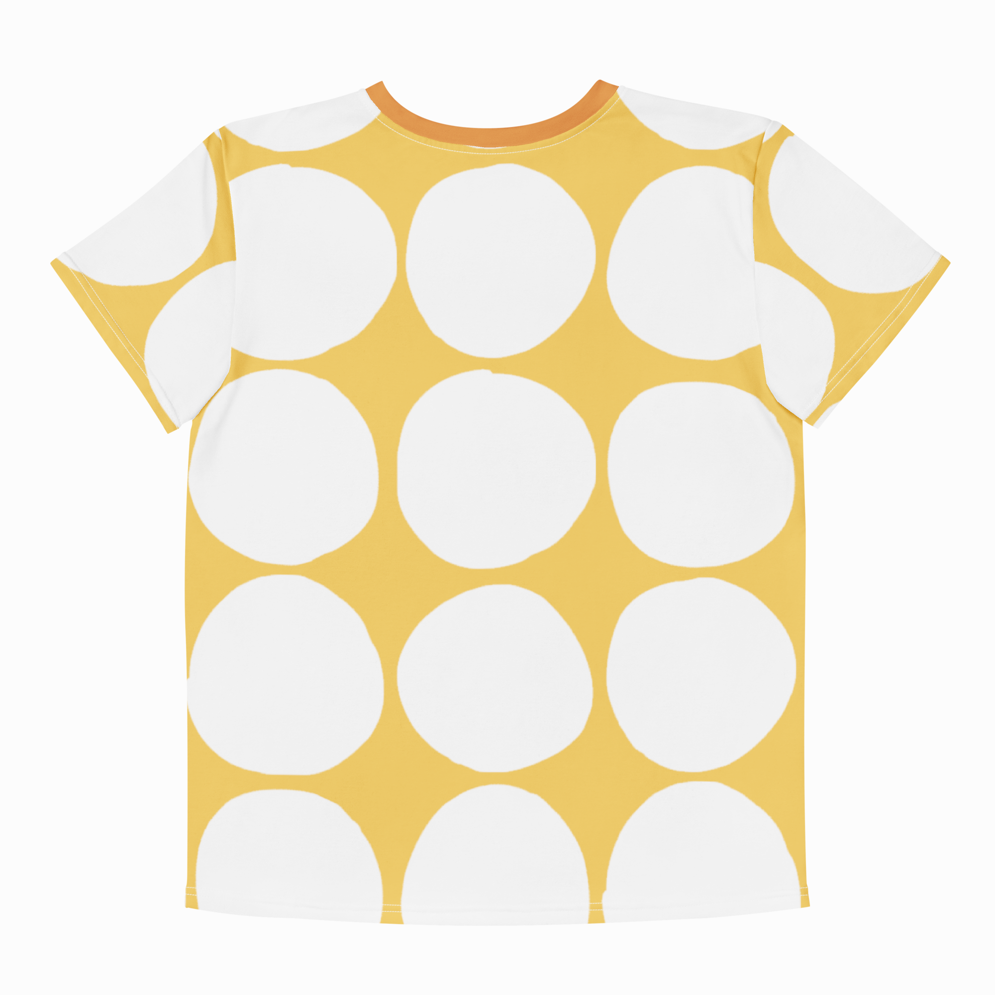 Yellow t-shirt with white circle pattern on a white background
