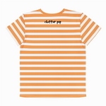 Orange and white striped t-shirt with 'chatter pop' text on a white background