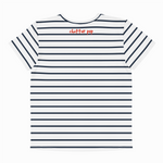 Navy and white striped t-shirt with 'chatter pop' text on a white background