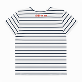 Navy and white striped t-shirt with 'chatter pop' text on a white background