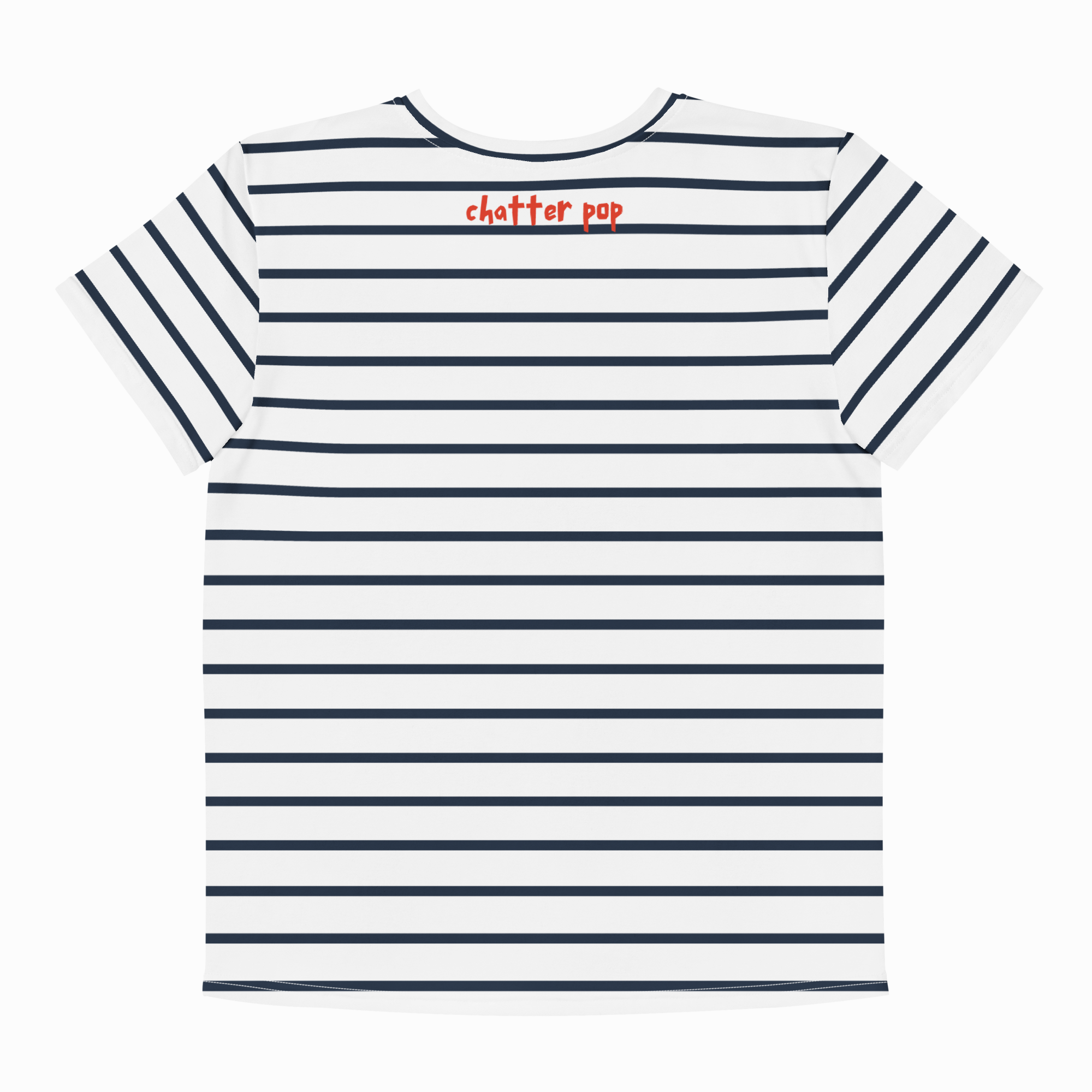 Navy and white striped t-shirt with 'chatter pop' text on a white background