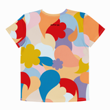 Colorful abstract patterned t-shirt on a white background