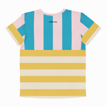A short-sleeve t-shirt with a color-blocked design featuring vertical pink and turquoise blue stripes on the upper chest and sleeves, and horizontal yellow and cream stripes across the lower body. The brand name 'clutter pop' is printed in small black text on the upper chest.