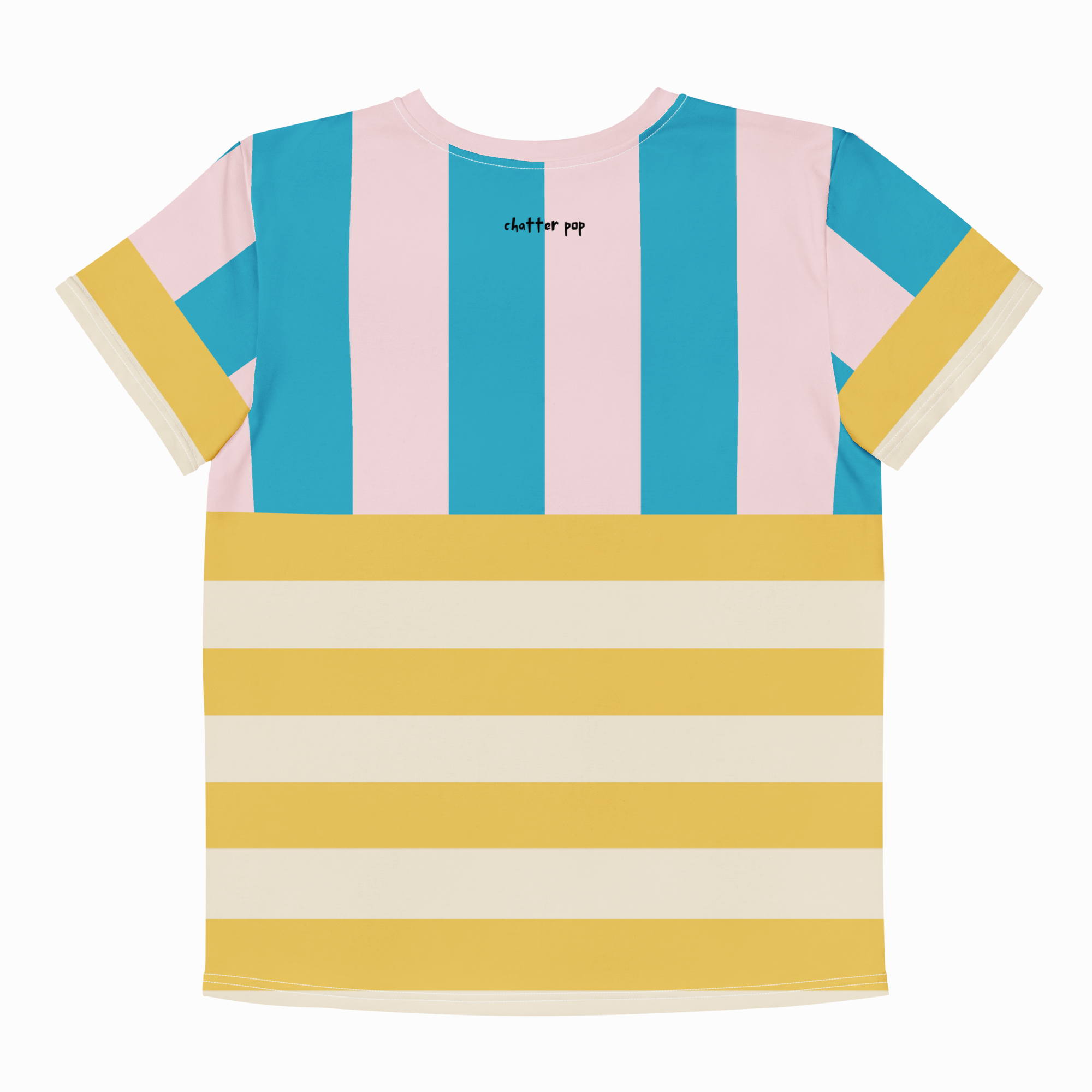 A short-sleeve t-shirt with a color-blocked design featuring vertical pink and turquoise blue stripes on the upper chest and sleeves, and horizontal yellow and cream stripes across the lower body. The brand name 'clutter pop' is printed in small black text on the upper chest.