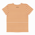 A short-sleeve crewneck t-shirt with horizontal orange and white stripes, featuring a small black script logo on the chest, displayed on a clean white background.