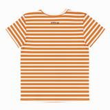 A short-sleeve crewneck t-shirt with horizontal orange and white stripes, featuring a small black script logo on the chest, displayed on a clean white background.