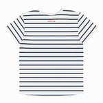 A short-sleeve crewneck t-shirt with horizontal navy blue and white stripes, featuring a small red 'clutter pop' logo printed on the upper chest, shown against a plain white background.