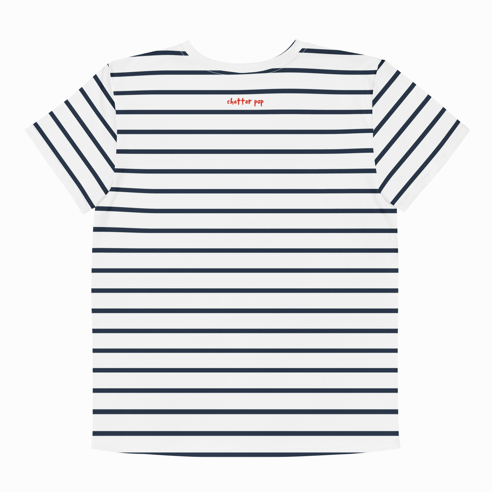A short-sleeve crewneck t-shirt with horizontal navy blue and white stripes, featuring a small red 'clutter pop' logo printed on the upper chest, shown against a plain white background.