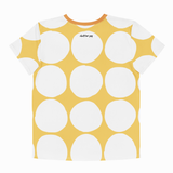 A short-sleeve crewneck t-shirt featuring a bold pattern of large white hand-drawn circles on a mustard yellow background, with a small black 'clutter pop' logo printed on the chest.