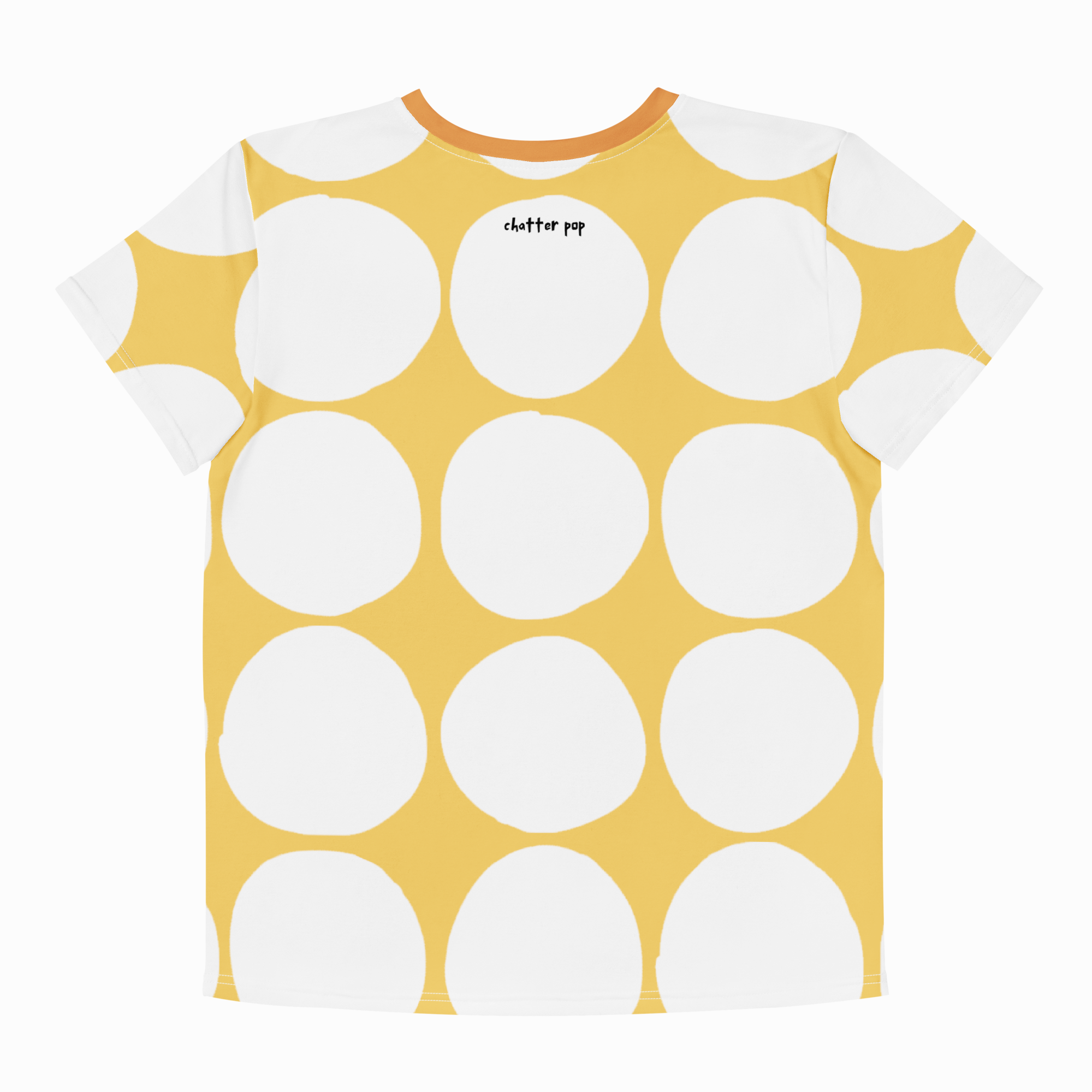 A short-sleeve crewneck t-shirt featuring a bold pattern of large white hand-drawn circles on a mustard yellow background, with a small black 'clutter pop' logo printed on the chest.