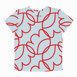 A short-sleeve crewneck t-shirt featuring an all-over abstract red line pattern on a light blue background, with the brand name 'clashline pop' printed in black near the inner collar.