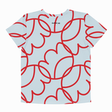 A short-sleeve crewneck t-shirt featuring an all-over abstract red line pattern on a light blue background, with the brand name 'clashline pop' printed in black near the inner collar.